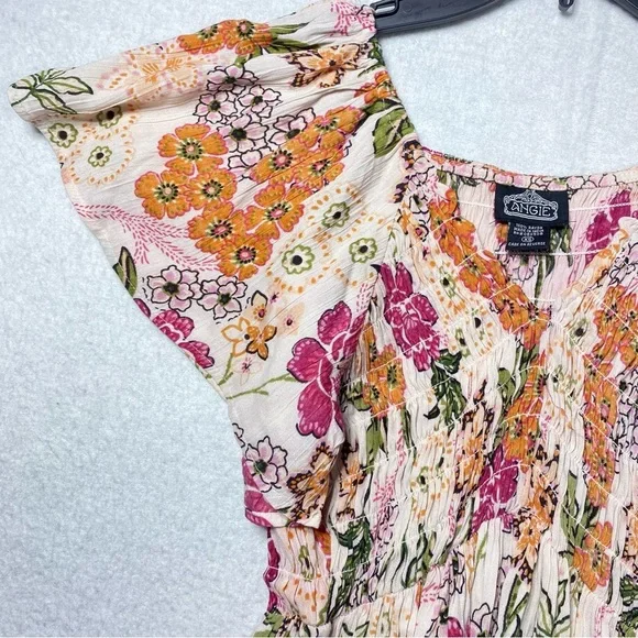 Angie Top Womens XS Boho Floral Peplum Smocked Blouse Flutter Sleeve Cottagecore - Picture 3 of 12